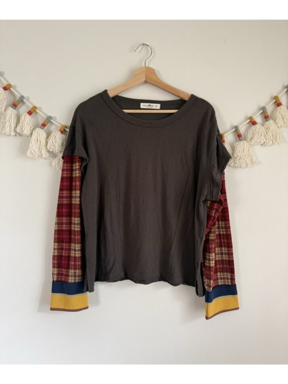 Natural Life Cotton Charcoal Gray Plaid Long Sleeve Top Mixed Print Preppy M